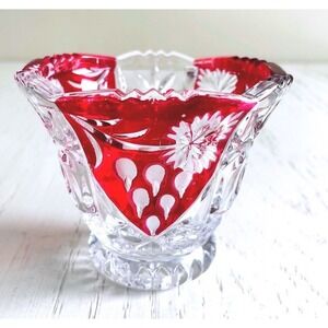 Vintage Bohemian Ruby Red Cut‎ to Clear Crystal Bowl Floral Grape Pattern 4 inch
